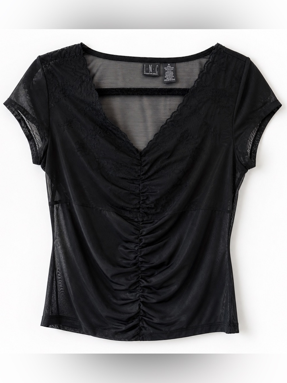 INC International Concepts Black Sheer Mesh Lace Trim Ruched Top Size M